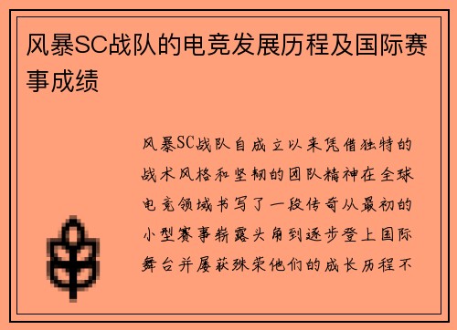 风暴SC战队的电竞发展历程及国际赛事成绩